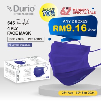 Durio 545 Trendish 4 Ply Surgical Face Mask - Very Peri (40pcs)